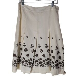 Vintage Ann Taylor Skirt 90s Linen Blend Cream Embroidered Librarian Women Eight